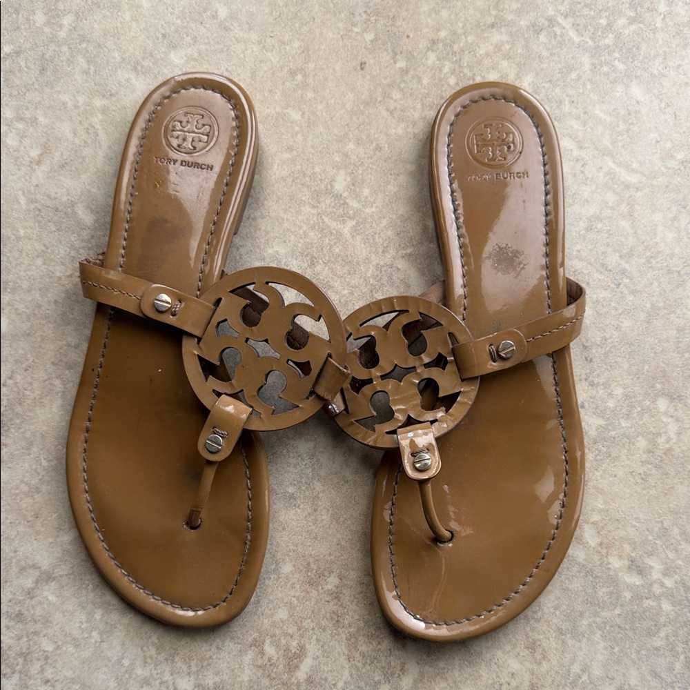 Tory Burch Tan Patent Leather Logo Thong Sandals